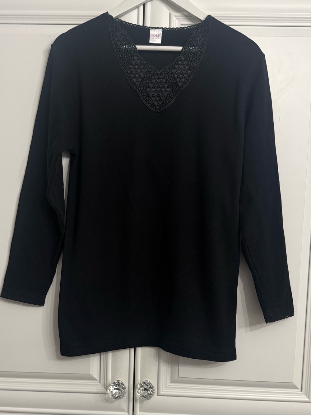 Women's Black Long-Sleeve Top w/Detailed Lace V-Neck Lace 100% Cotton Size XL